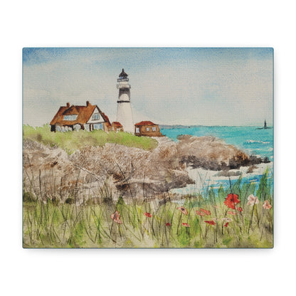 Painting of a lighthouse on a rocky shore with flowers and buildings.