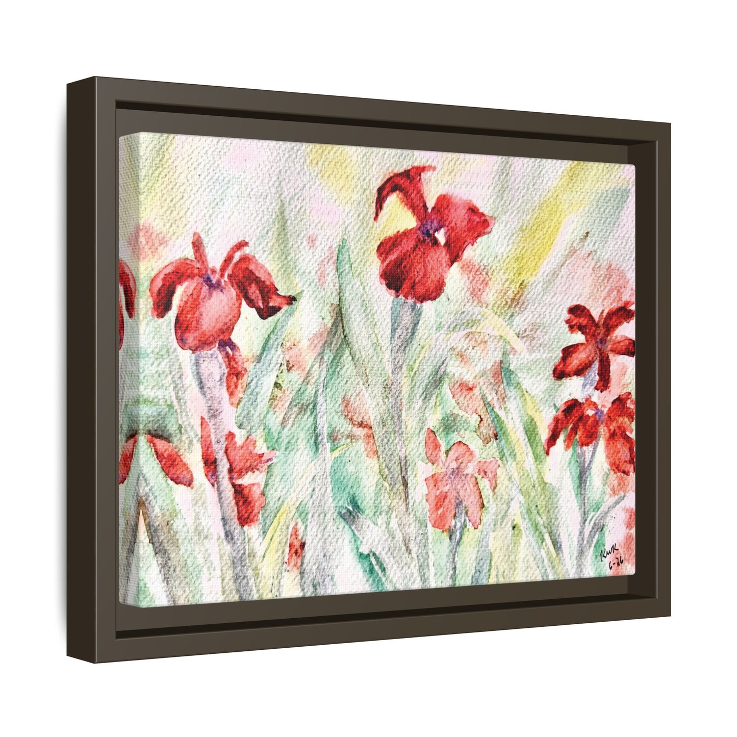 Abbeville Red Irises Matte Canvas, Framed (Black or Espresso). Available in sizes from 10”x8”-30”x24”