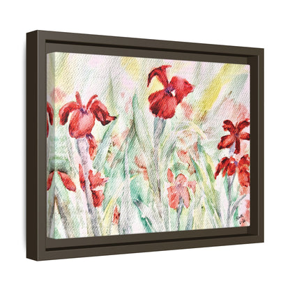 Abbeville Red Irises Matte Canvas, Framed (Black or Espresso). Available in sizes from 10”x8”-30”x24”