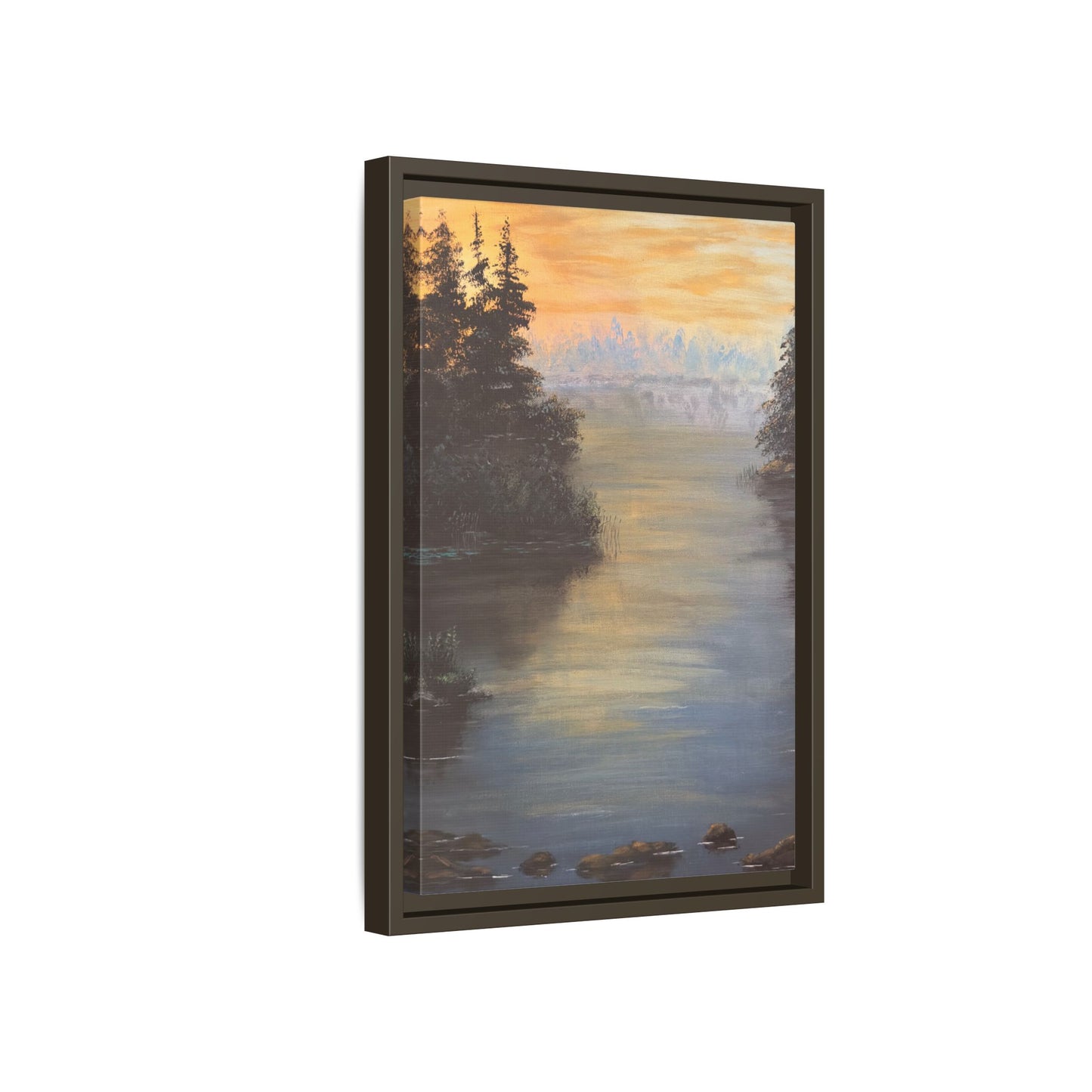 Peaceful Northwoods Lake Matte Canvas with Black or Espresso Frame. Available in sizes from 8” x 10”-24” x 32”