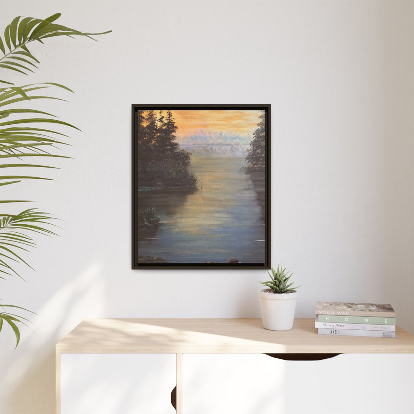 Peaceful Northwoods Lake Matte Canvas with Black or Espresso Frame. Available in sizes from 8” x 10”-24” x 32”