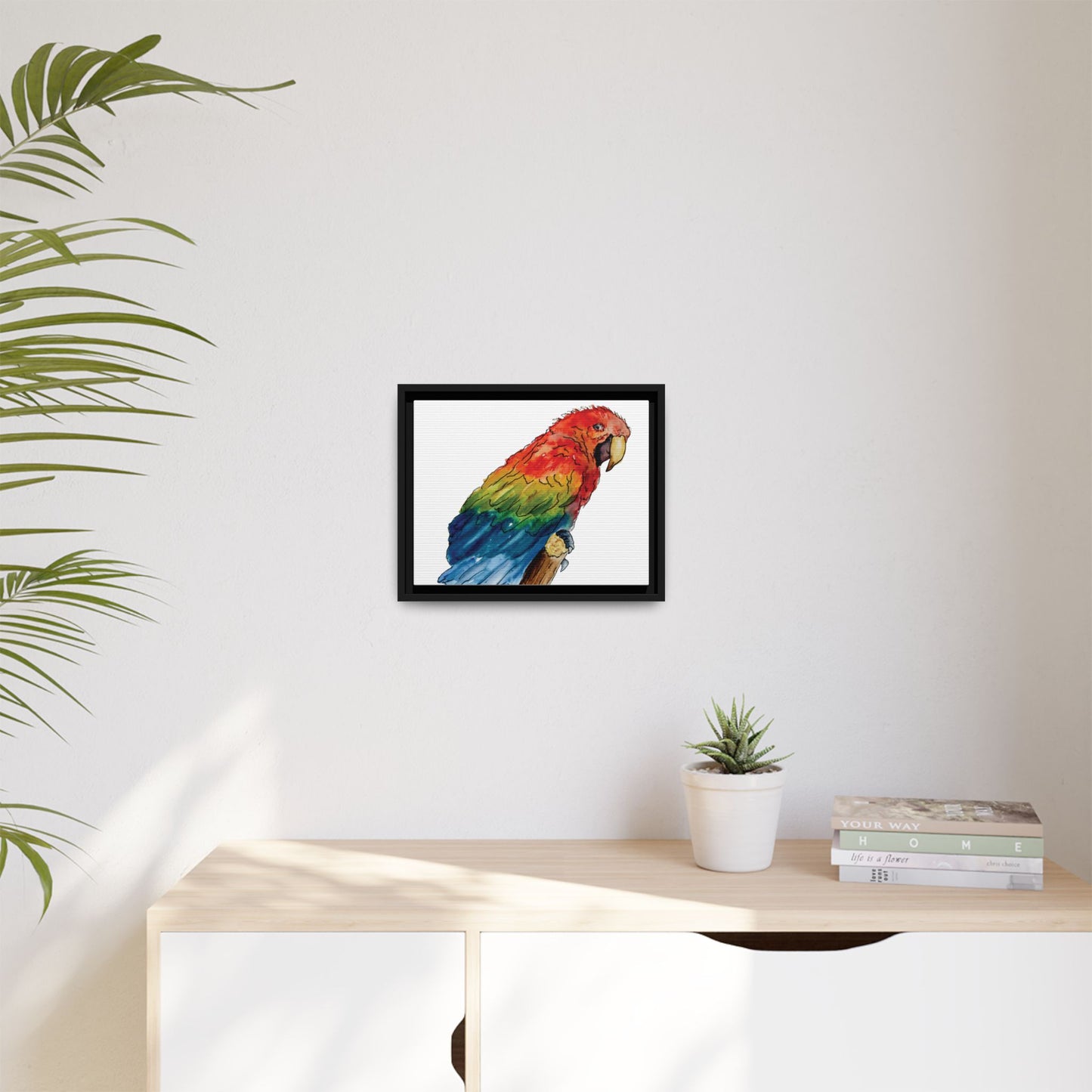 Scarlet Macaw Matte Canvas, Framed (Black or Espresso). Available in sizes from 10”x8”-16”x12”