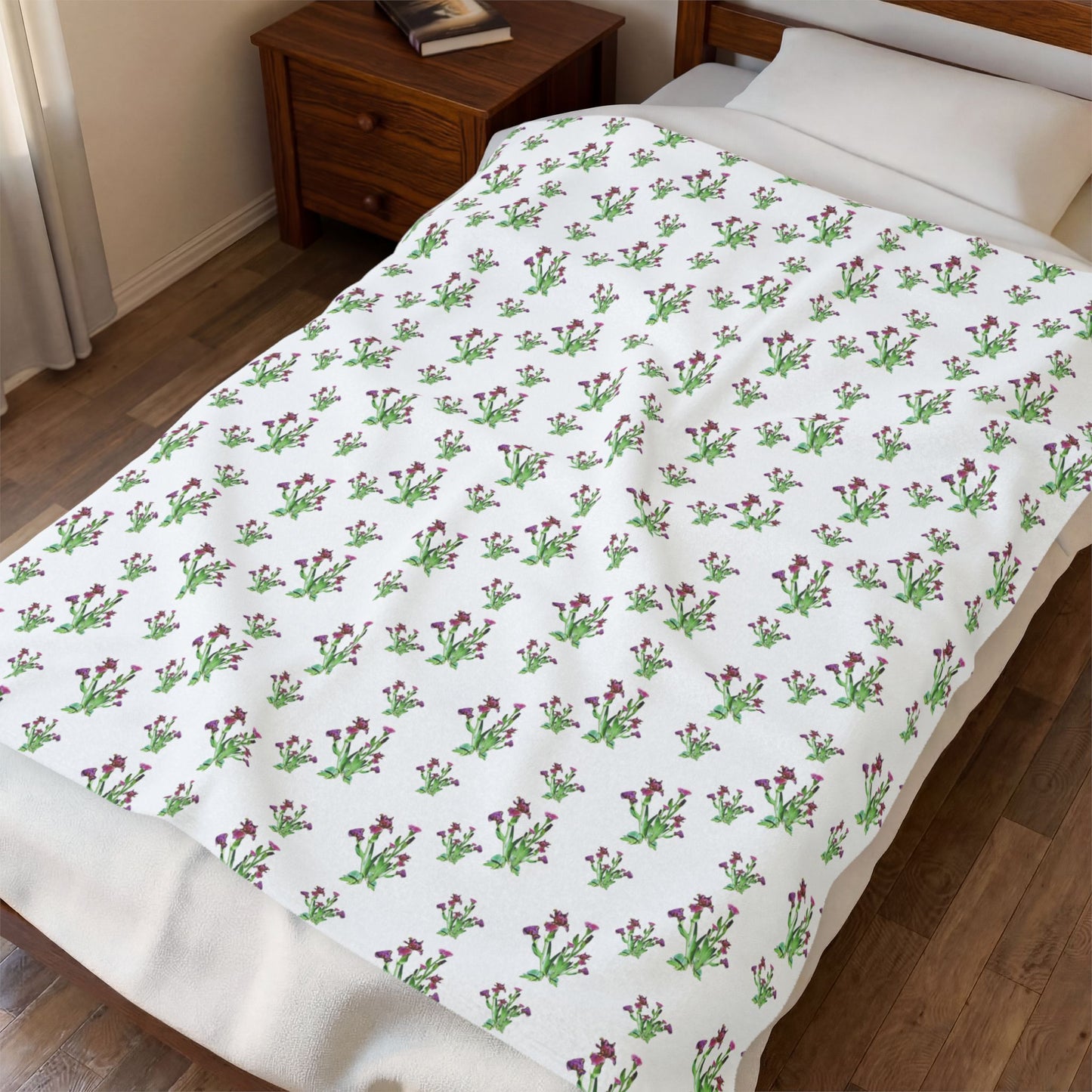 Velveteen Plush Blanket Featuring Purple Irises. Available in sizes from 30” x 40”-60” x 80”