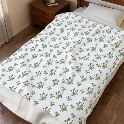 Velveteen Plush Blanket Featuring Purple Irises. Available in sizes from 30” x 40”-60” x 80”