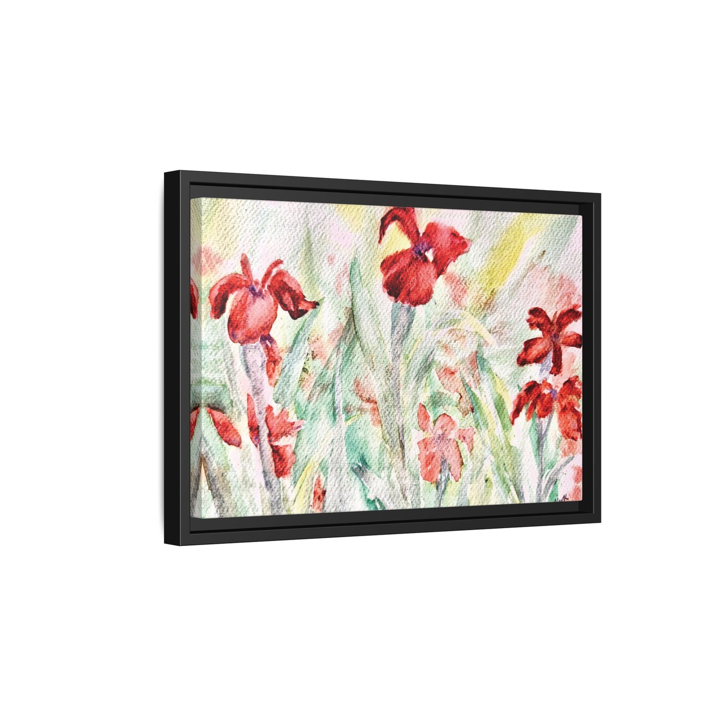 Abbeville Red Irises Matte Canvas, Framed (Black or Espresso). Available in sizes from 10”x8”-30”x24”