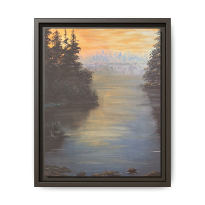 Peaceful Northwoods Lake Matte Canvas with Black or Espresso Frame. Available in sizes from 8” x 10”-24” x 32”