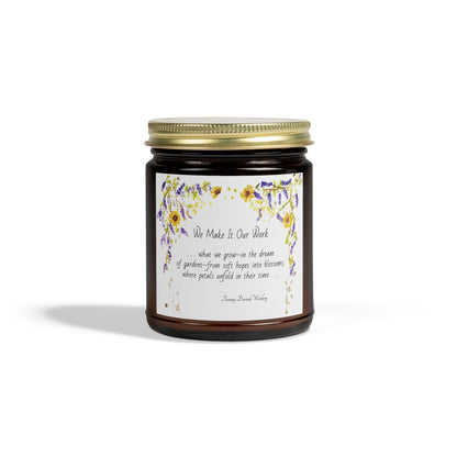 We Make It Our Work Scented Candles, Coconut Apricot Wax (4oz, 9oz), Featuring an Arbor of Sunflowers