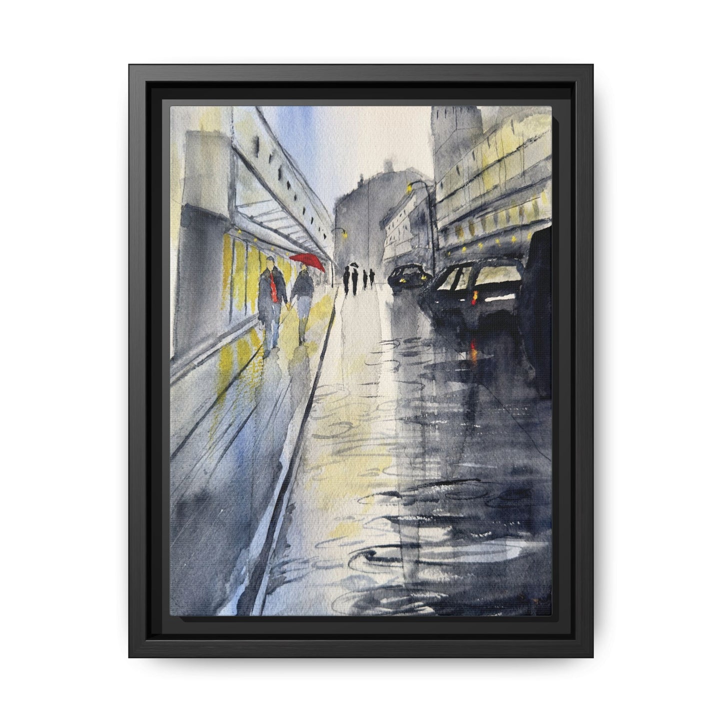 Framed artwork of a city street scene with people and cars, painted in a watercolor style.