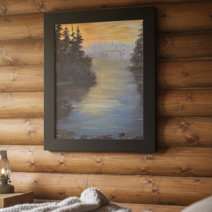 Peaceful Northwoods Lake Framed Vertical Poster. Available in sizes 11” x 14”-20” x 30”