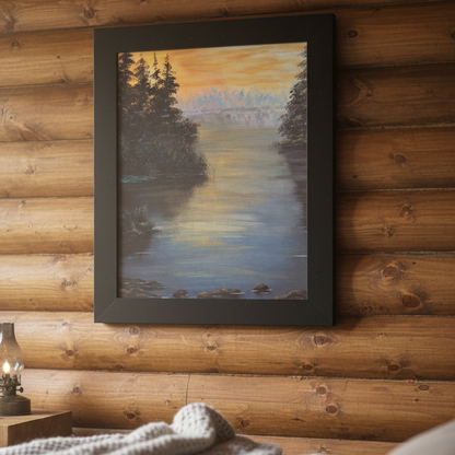 Peaceful Northwoods Lake Framed Vertical Poster. Available in sizes 11” x 14”-20” x 30”
