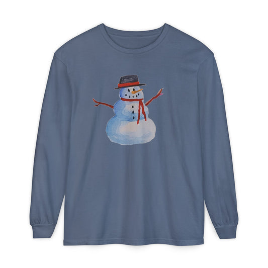 Comfort Colors Whimsical Watercolor Snowman Unisex Garment-dyed Long Sleeve T-Shirt. Available in sizes from S-3XL