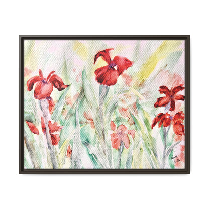 Abbeville Red Irises Matte Canvas, Framed (Black or Espresso). Available in sizes from 10”x8”-30”x24”