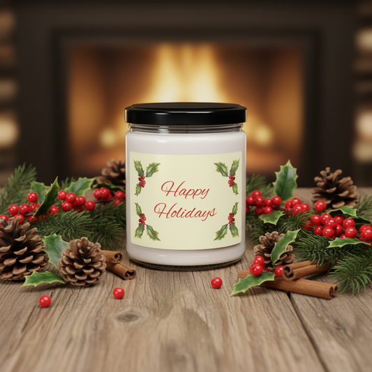 Eco-Friendly Soy Candle (9 oz.), Featuring Holiday Holly. Multiple Scents Available