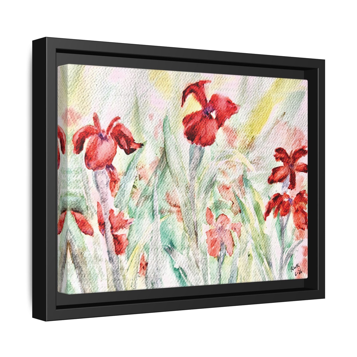 Abbeville Red Irises Matte Canvas, Framed (Black or Espresso). Available in sizes from 10”x8”-30”x24”