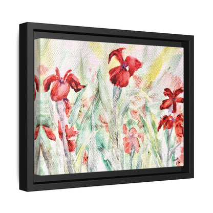 Abbeville Red Irises Matte Canvas, Framed (Black or Espresso). Available in sizes from 10”x8”-30”x24”
