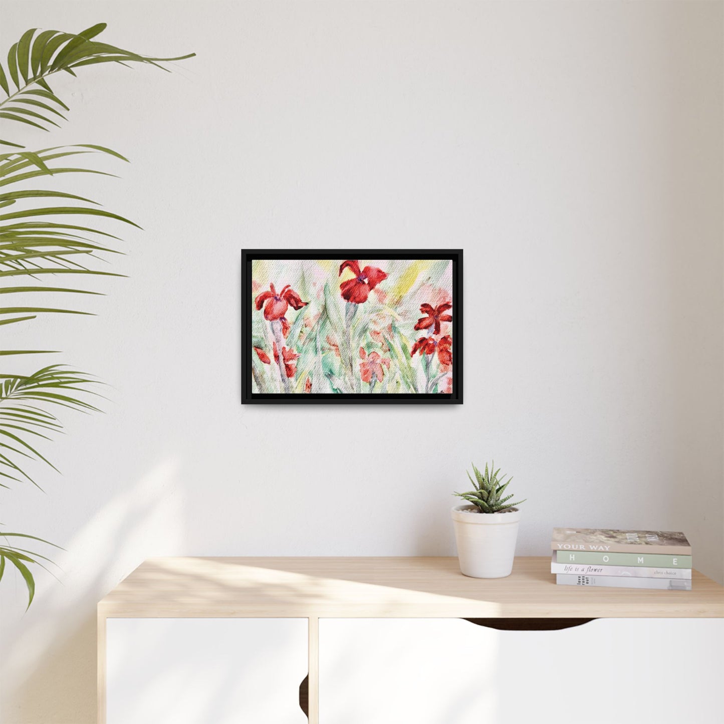 Abbeville Red Irises Matte Canvas, Framed (Black or Espresso). Available in sizes from 10”x8”-30”x24”