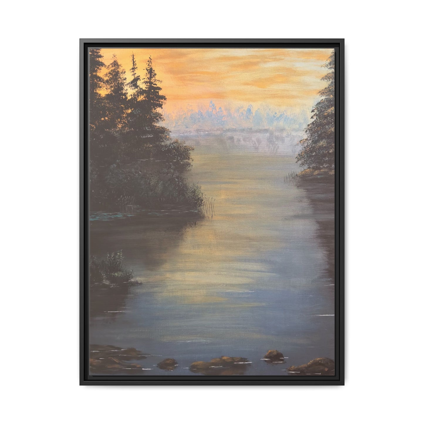 Peaceful Northwoods Lake Matte Canvas with Black or Espresso Frame. Available in sizes from 8” x 10”-24” x 32”