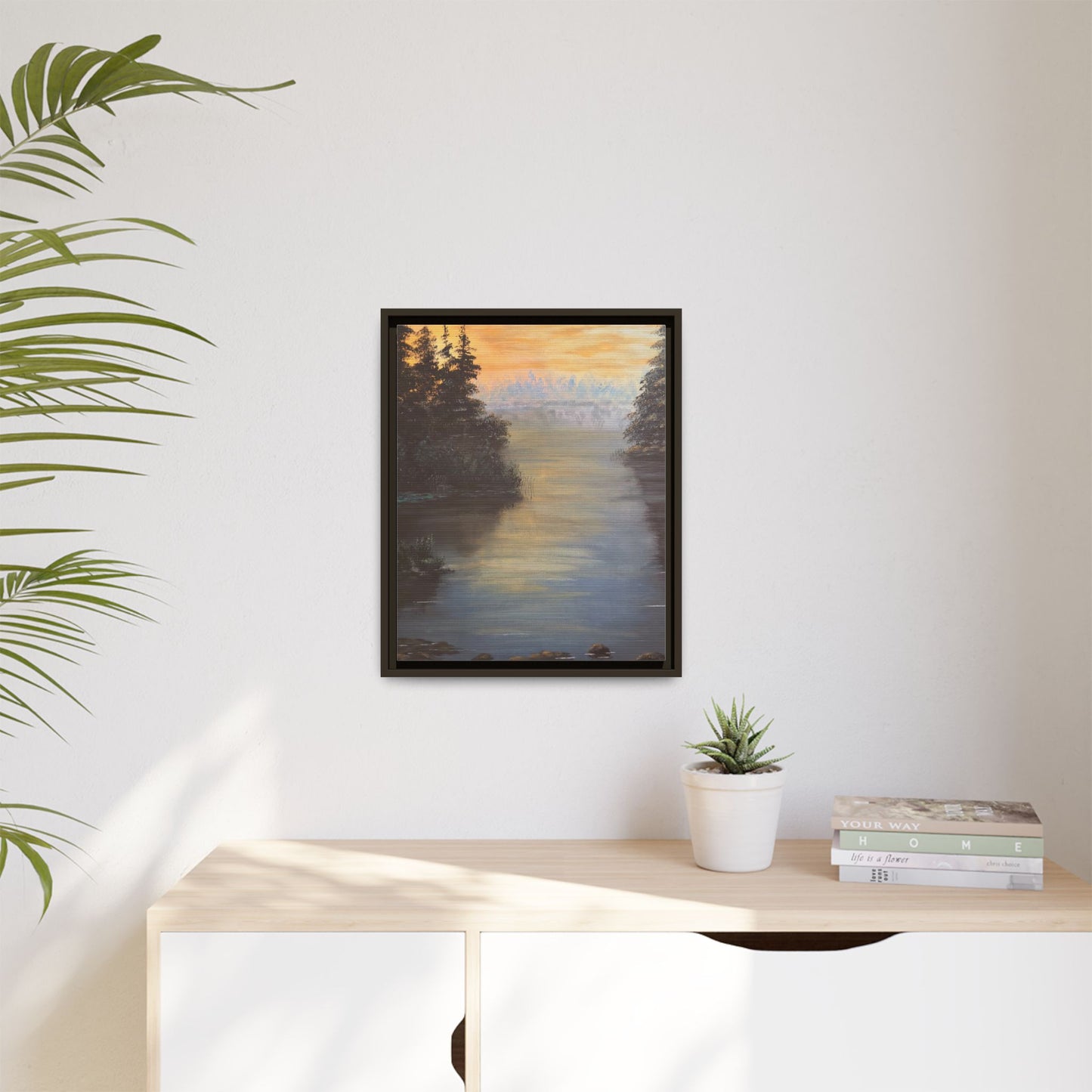 Peaceful Northwoods Lake Matte Canvas with Black or Espresso Frame. Available in sizes from 8” x 10”-24” x 32”