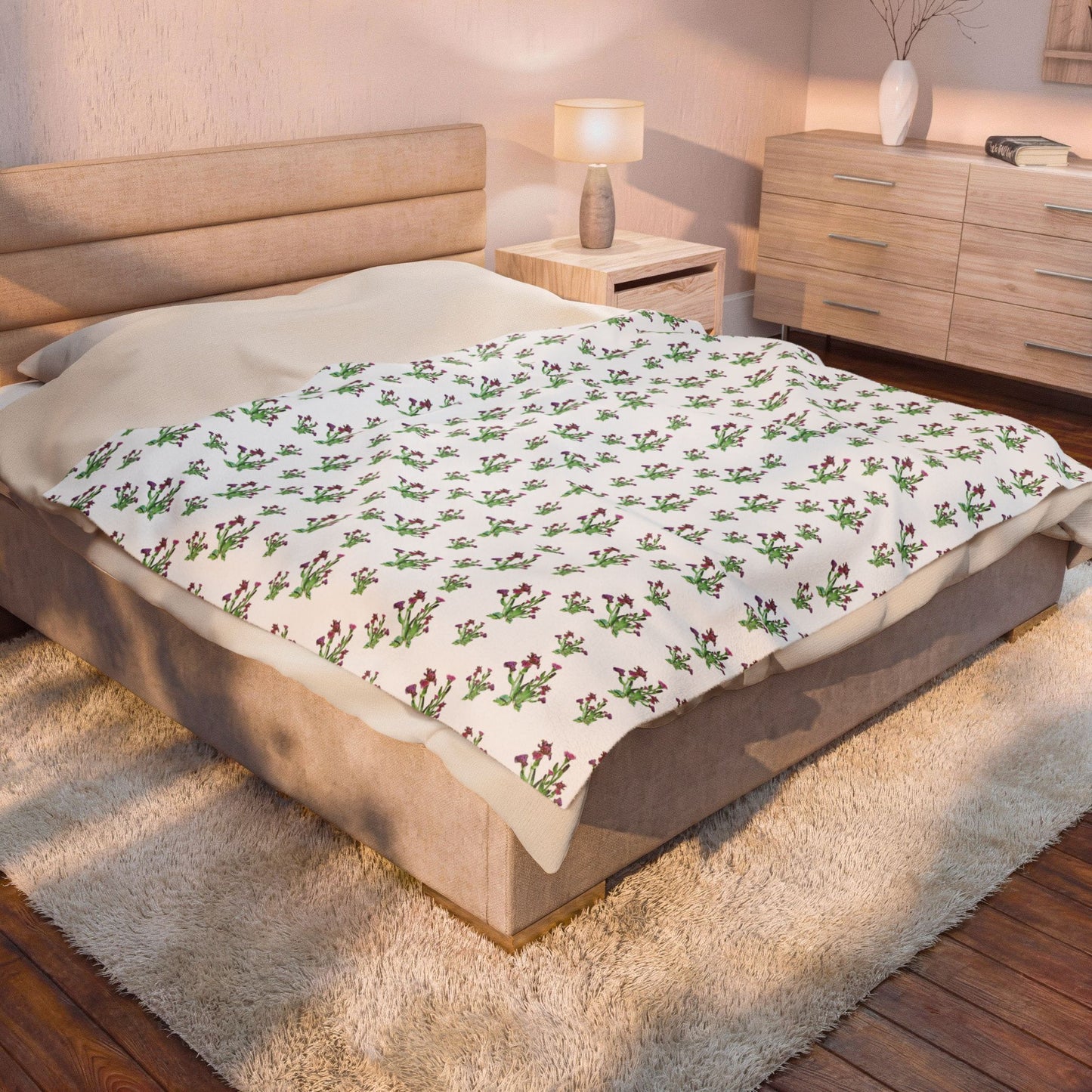 Velveteen Plush Blanket Featuring Purple Irises. Available in sizes from 30” x 40”-60” x 80”