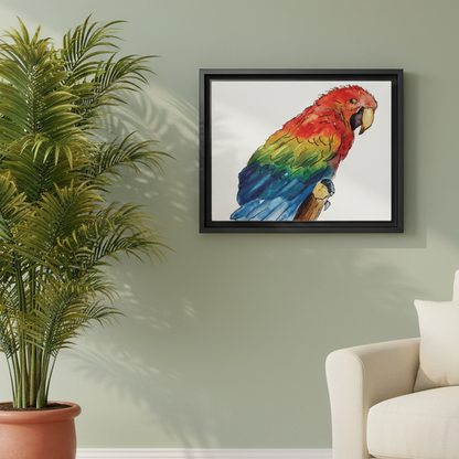 Scarlet Macaw Matte Canvas, Framed (Black or Espresso). Available in sizes from 10”x8”-16”x12”