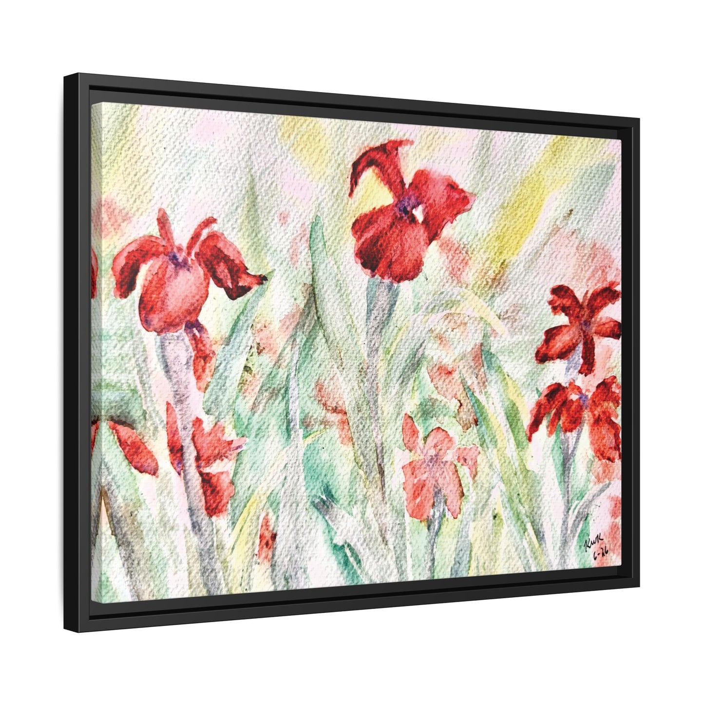 Abbeville Red Irises Matte Canvas, Framed (Black or Espresso). Available in sizes from 10”x8”-30”x24”