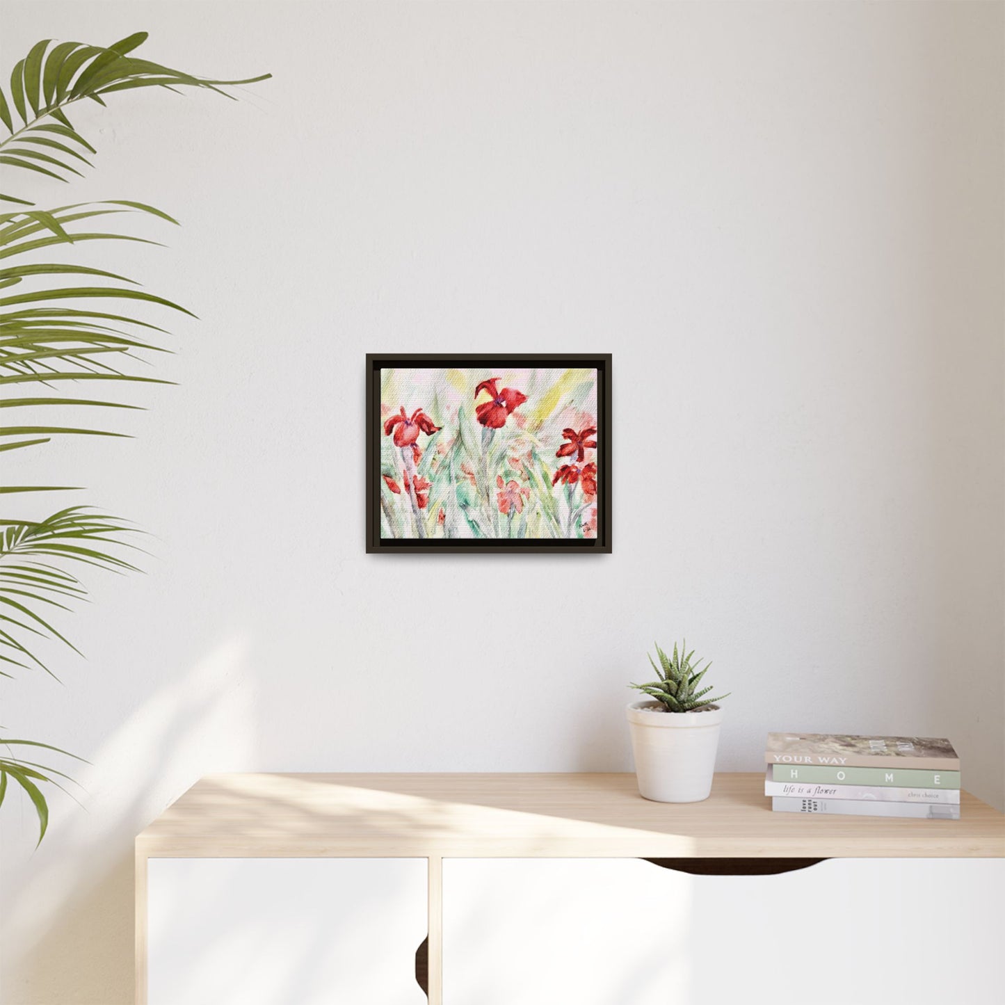 Abbeville Red Irises Matte Canvas, Framed (Black or Espresso). Available in sizes from 10”x8”-30”x24”