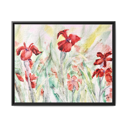 Abbeville Red Irises Matte Canvas, Framed (Black or Espresso). Available in sizes from 10”x8”-30”x24”