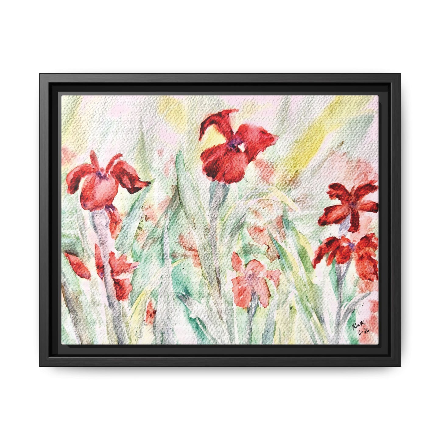 Abbeville Red Irises Matte Canvas, Framed (Black or Espresso). Available in sizes from 10”x8”-30”x24”
