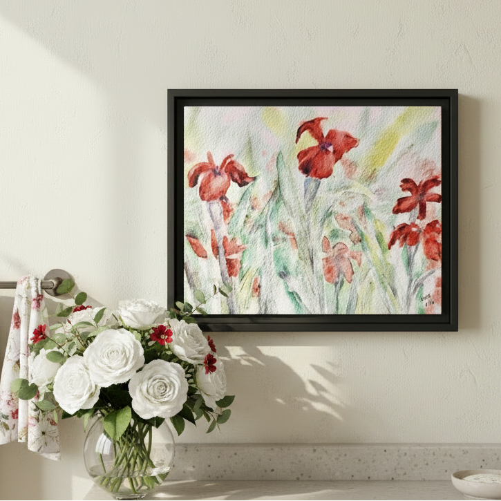 Abbeville Red Irises Matte Canvas, Framed (Black or Espresso). Available in sizes from 10”x8”-30”x24”