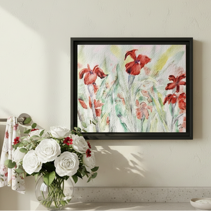 Abbeville Red Irises Matte Canvas, Framed (Black or Espresso). Available in sizes from 10”x8”-30”x24”