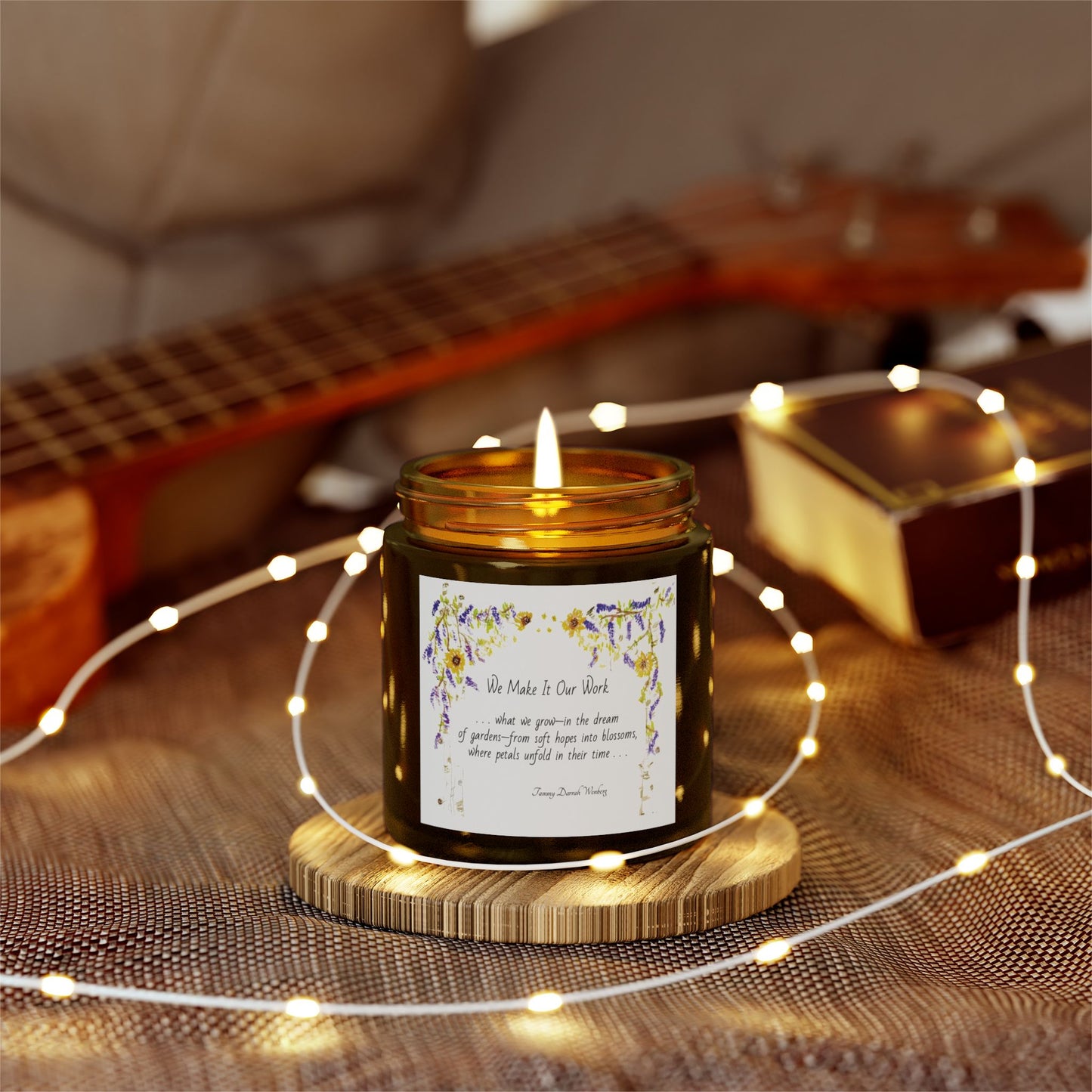 We Make It Our Work Scented Candles, Coconut Apricot Wax (4oz, 9oz), Featuring an Arbor of Sunflowers