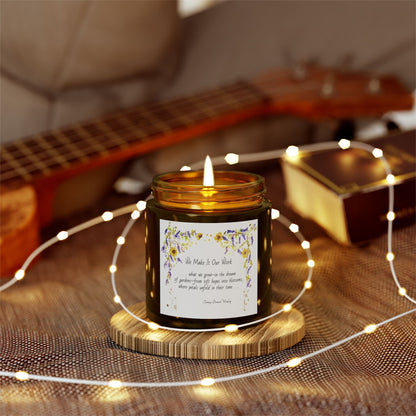 We Make It Our Work Scented Candles, Coconut Apricot Wax (4oz, 9oz), Featuring an Arbor of Sunflowers