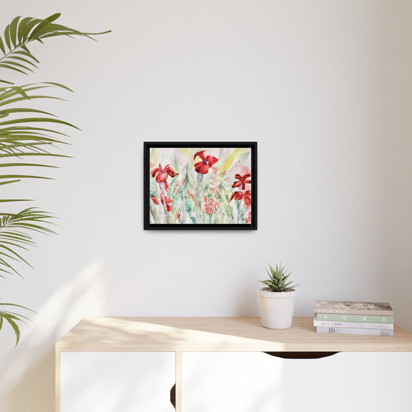 Abbeville Red Irises Matte Canvas, Framed (Black or Espresso). Available in sizes from 10”x8”-30”x24”