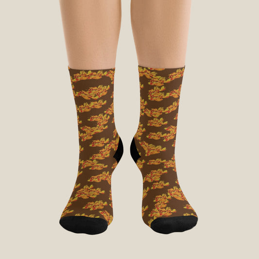 Brown socks with leaf pattern worn by a person