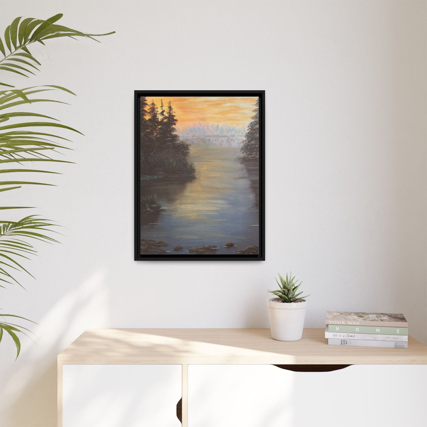 Peaceful Northwoods Lake Matte Canvas with Black or Espresso Frame. Available in sizes from 8” x 10”-24” x 32”