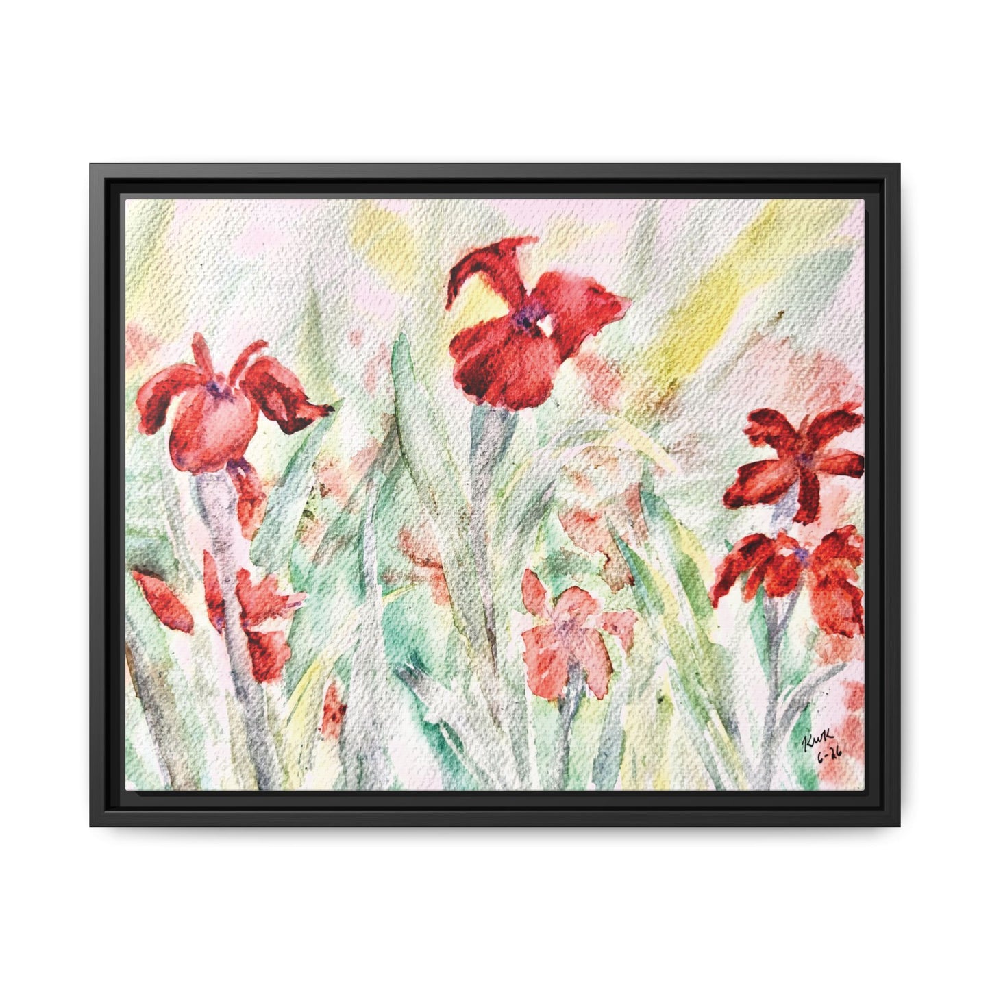 Abbeville Red Irises Matte Canvas, Framed (Black or Espresso). Available in sizes from 10”x8”-30”x24”