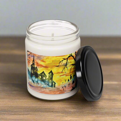 Eco-Friendly Soy Candle (9 oz.), Featuring Vibrant Halloween House and Graveyard Art. Multiple Scents Available.