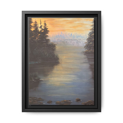 Peaceful Northwoods Lake Matte Canvas with Black or Espresso Frame. Available in sizes from 8” x 10”-24” x 32”