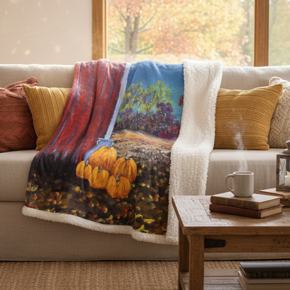 Fall Gathering Fleece Sherpa Blanket. Available in sizes from 50” x 60”-60” x 80”