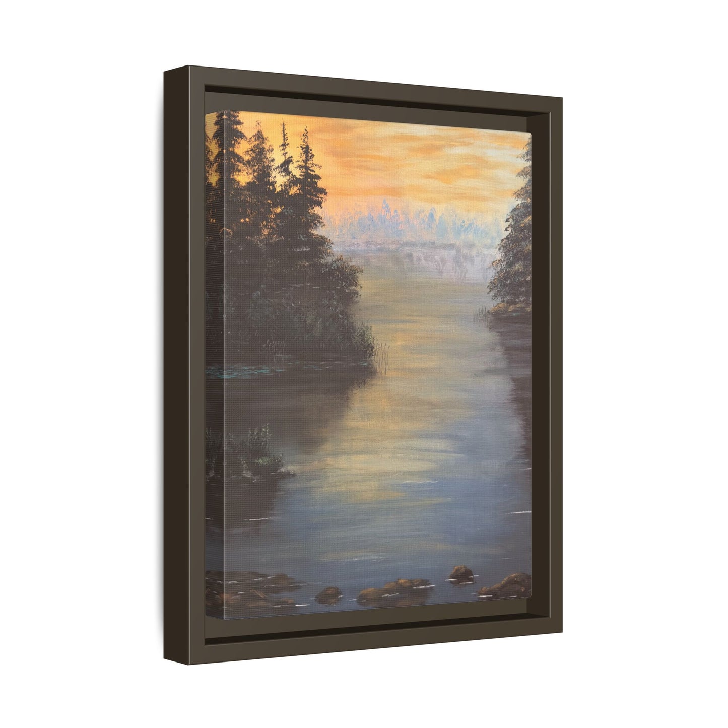 Peaceful Northwoods Lake Matte Canvas with Black or Espresso Frame. Available in sizes from 8” x 10”-24” x 32”
