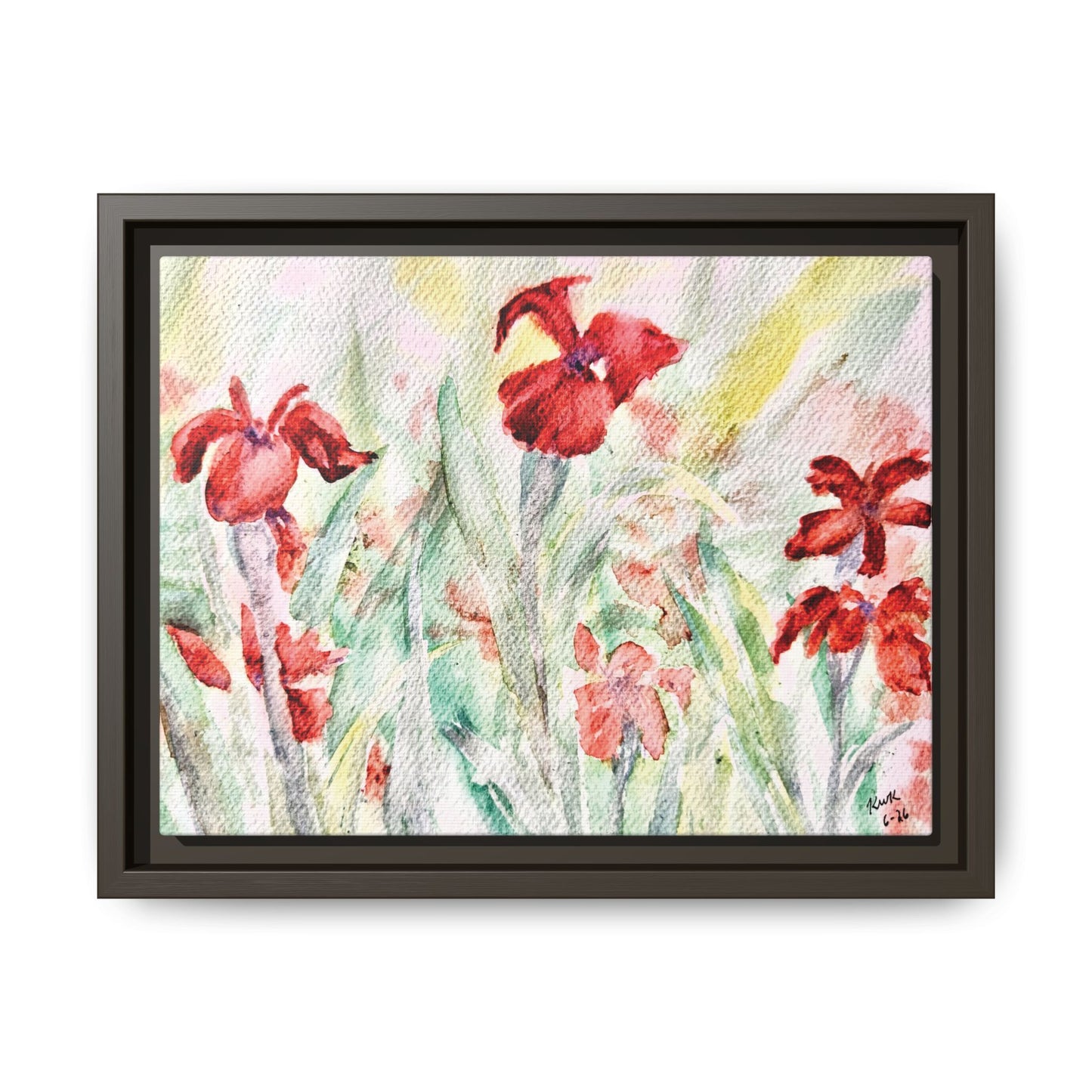 Abbeville Red Irises Matte Canvas, Framed (Black or Espresso). Available in sizes from 10”x8”-30”x24”