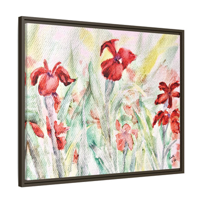 Abbeville Red Irises Matte Canvas, Framed (Black or Espresso). Available in sizes from 10”x8”-30”x24”