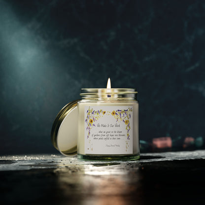 We Make It Our Work Scented Candles, Coconut Apricot Wax (4oz, 9oz), Featuring an Arbor of Sunflowers