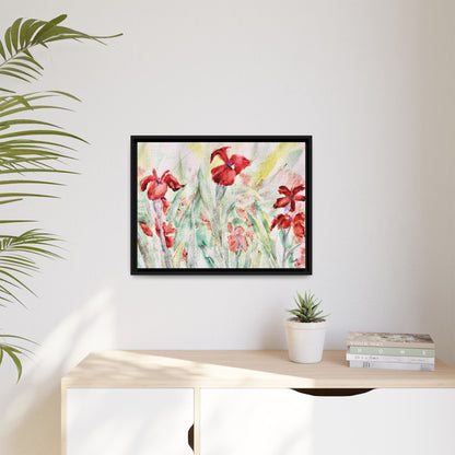Abbeville Red Irises Matte Canvas, Framed (Black or Espresso). Available in sizes from 10”x8”-30”x24”