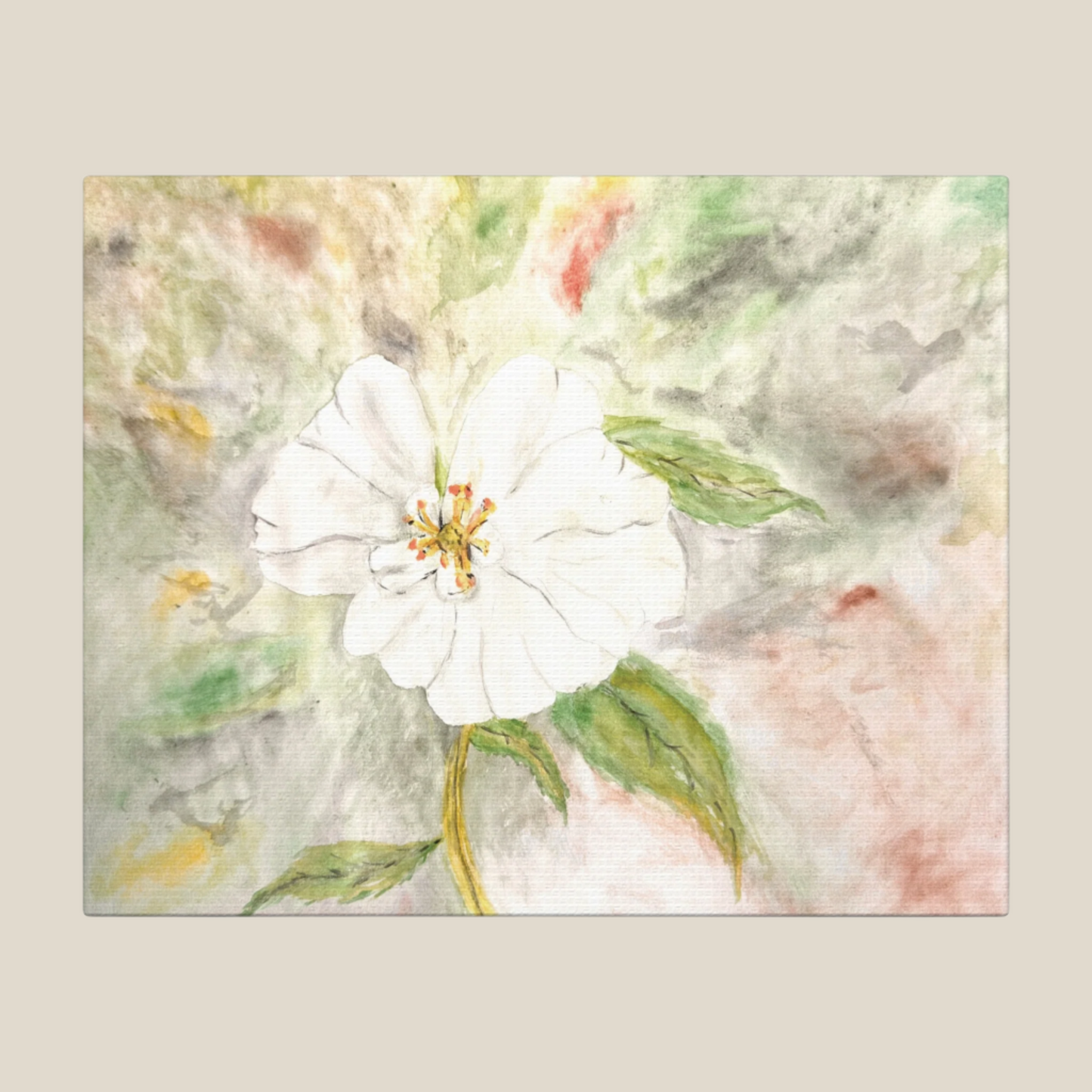 White Flower Watercolor—Muted Matte Canvas, Stretched, 1.25". Available in sizes from 10” x 8”-24” x 20”
