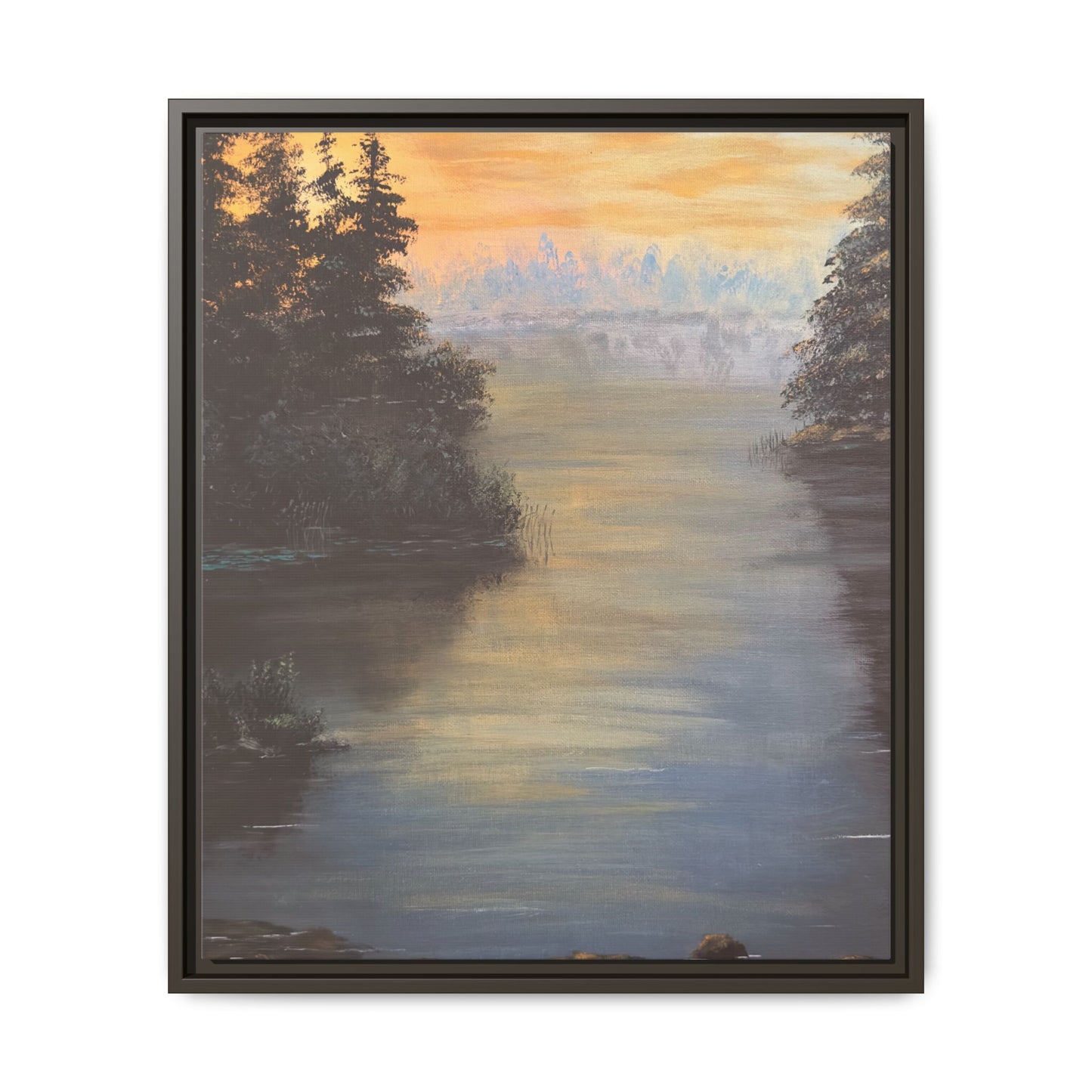 Peaceful Northwoods Lake Matte Canvas with Black or Espresso Frame. Available in sizes from 8” x 10”-24” x 32”