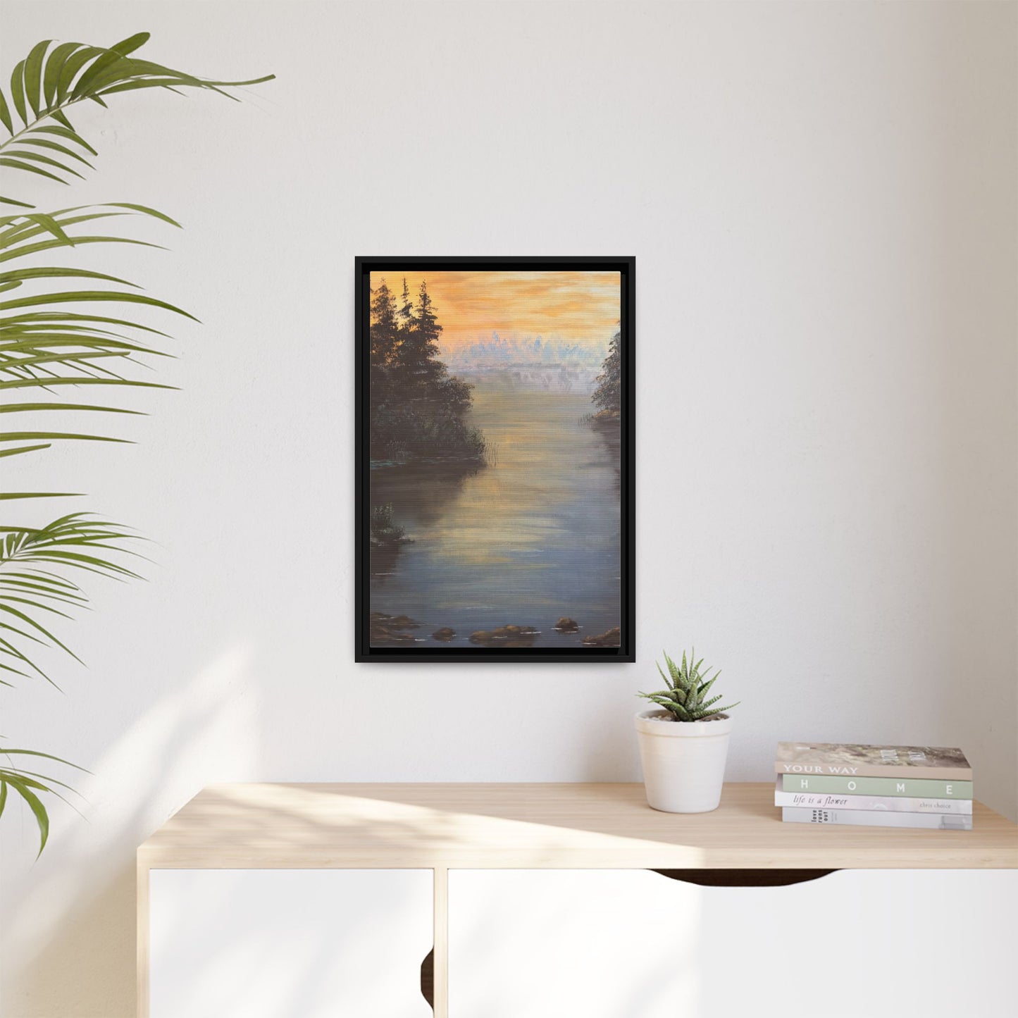 Peaceful Northwoods Lake Matte Canvas with Black or Espresso Frame. Available in sizes from 8” x 10”-24” x 32”