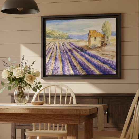 Lavender at Daybreak Matte Canvas, Framed (Black or Espresso). Available in sizes 10”x8”-20”x10”