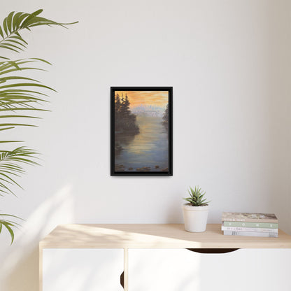 Peaceful Northwoods Lake Matte Canvas with Black or Espresso Frame. Available in sizes from 8” x 10”-24” x 32”