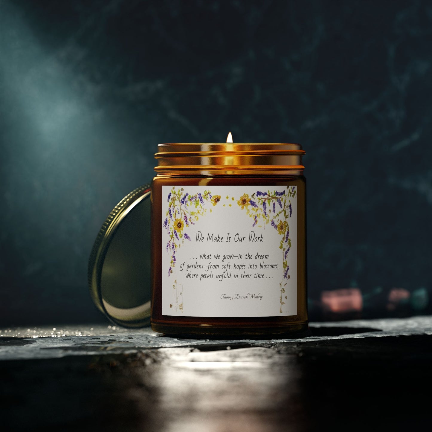 We Make It Our Work Scented Candles, Coconut Apricot Wax (4oz, 9oz), Featuring an Arbor of Sunflowers